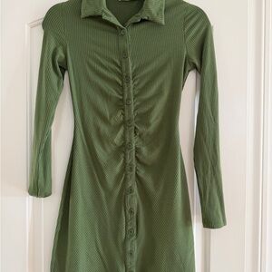 Reformation Olive Green Ribbed Button-Front Long Sleeve Dress